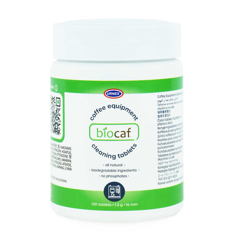 Container of Urnex Biocaf coffee equipment cleaning tablets on a white background