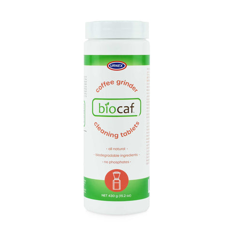 Biocaf cleaning tablets container with Urnex logo on a white background