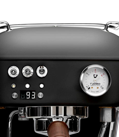Close-up of a Ascaso Dream PID Automatic Home Espresso Machine - Dark Black with control panel and brand logo