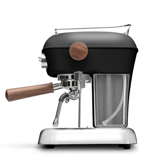 Ascaso Dream PID Automatic Home Espresso Machine - Dark Black with wooden handle and accents on a white background