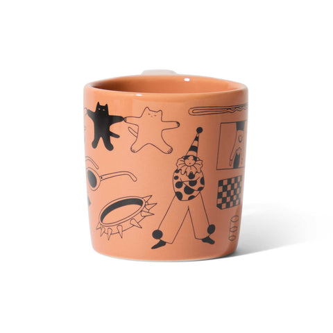 Ceramic mug with black line art on a white background