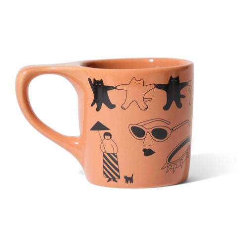 Ceramic mug with black illustrations on a white background