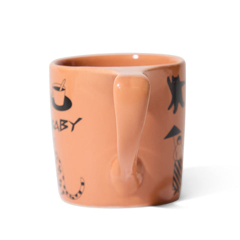 Ceramic mug with black illustrations and text on a white background