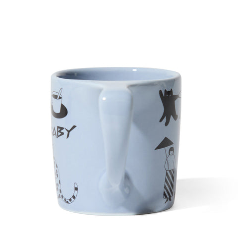 Light blue mug with black illustrations and text on a white background