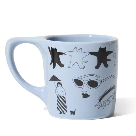 Light blue mug with black and white illustrations on a white background