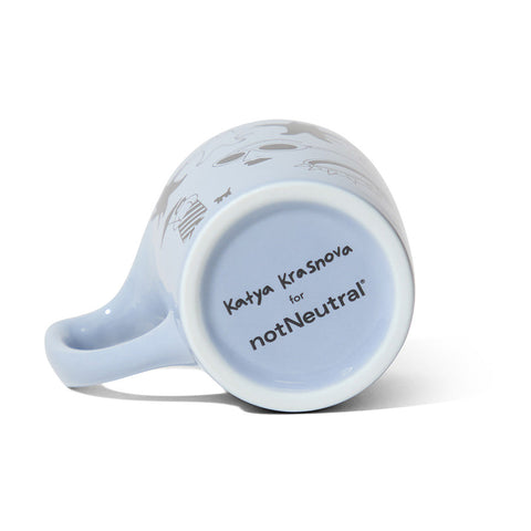 Blue mug with 'Katya Krasnova for notNeutral' branding on a white background