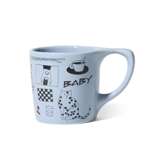 Katya Krasnova for notNeutral Light blue mug with black illustrations and text on a white background