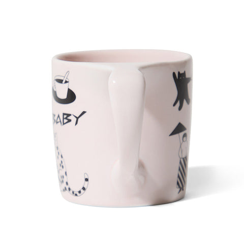White mug with black illustrations and text on a white background