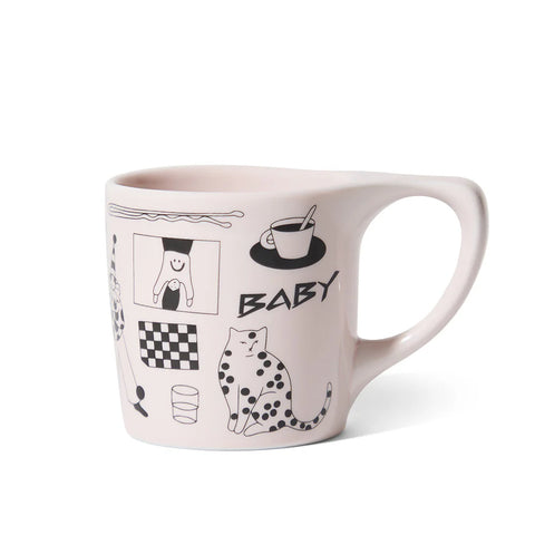 Katya Krasnova for notNeutral White mug with black illustrations and text on a white background