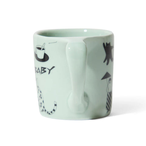 Katya Krasnova for notNeutral Mint green mug with black illustrations and text on a white background