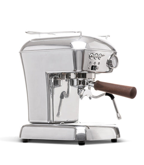 Ascaso Dream PID Automatic Home Espresso Machine - Aluminum  with wooden handle on a white background