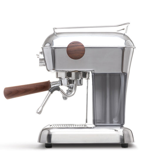 Ascaso Dream PID Automatic Home Espresso Machine - Aluminum with wooden handle and accents on a white background