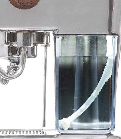 Ascaso Dream PID Automatic Home Espresso Machine - Aluminum with clear water tank showing water level indicator.