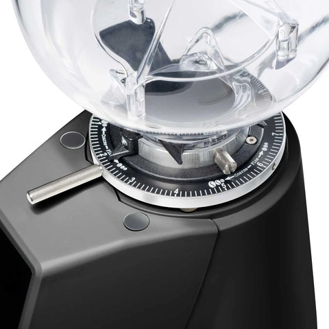 Fiorenzato F4 Evo On-Demand Espresso Grinder close-up with clear top cover on a white background