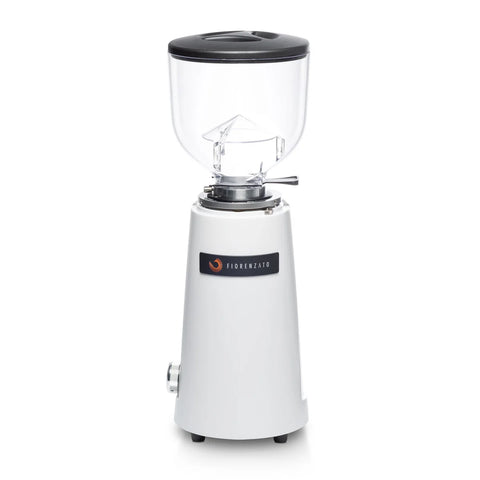 White Fiorenzato F4 Evo On-Demand Espresso Grinder with black top on a white background