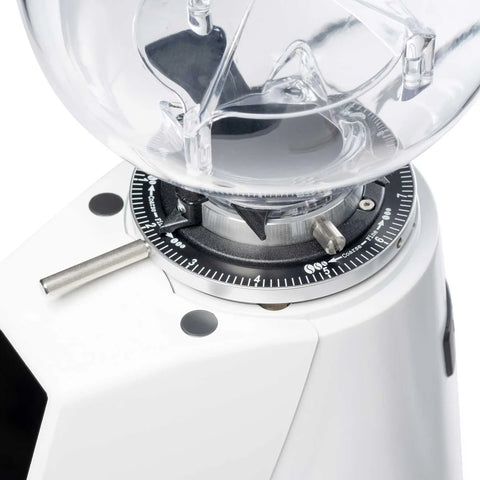 Fiorenzato F4 Evo On-Demand Espresso Grinder Close-up with clear top cover on a white background