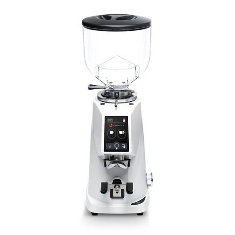 White Fiorenzato F4 Evo On-Demand Espresso Grinder with digital display on a white background