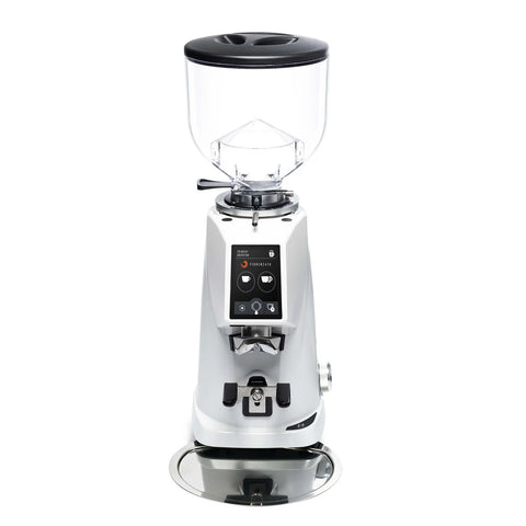 White Fiorenzato F4 Evo On-Demand Espresso Grinder  with clear top on a white background