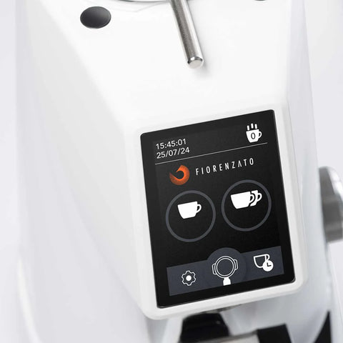 Fiorenzato F4 Evo On-Demand Espresso Grinder Digital display on a coffee machine with user interface elements and brand name 'Fiorenzato'.