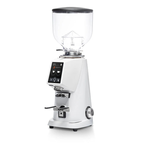 White Fiorenzato F4 Evo On-Demand Espresso Grinder with clear top on a white background