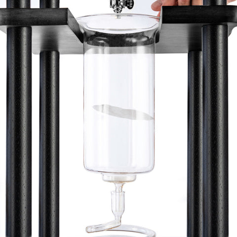 Yama 25 Cup Cold Brew Tower Clear glass carafe with metal stand on a white background