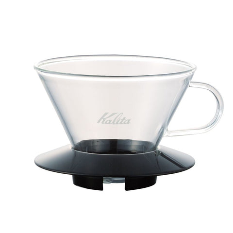Kalita Wave 185 Glass Dripper  coffee filter with black base on a white background