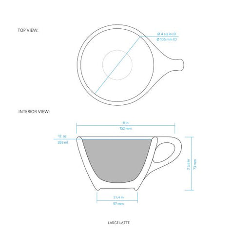 Technical drawing of a large latte cup with measurements on a white background