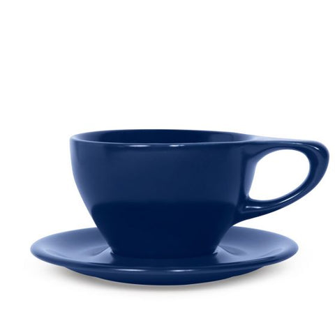 Blue ceramic cup and saucer on a white background