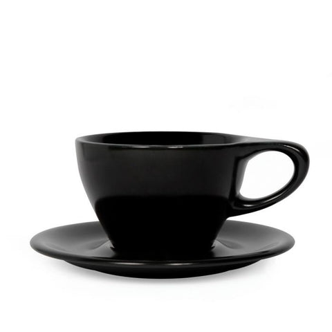 Black teacup and saucer set on a white background