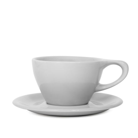 White ceramic cup and saucer on a white background