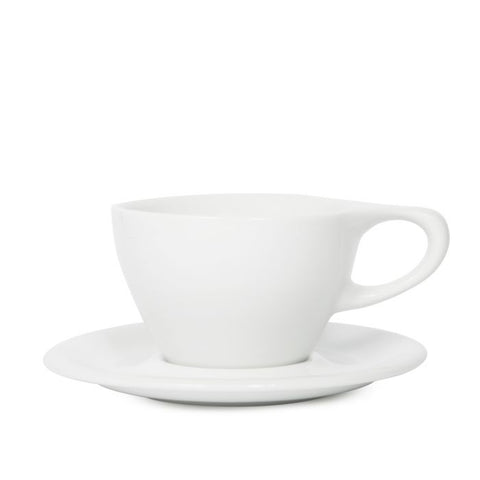 White ceramic teacup and saucer on a white background