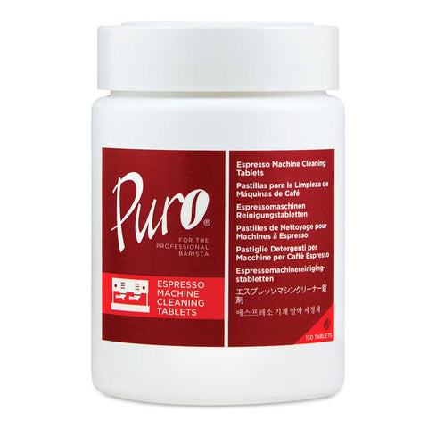 Jar of Puro espresso machine cleaning tablets on a white background