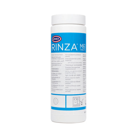 Urnex Rinza M61 cleaning tablets container on a white background
