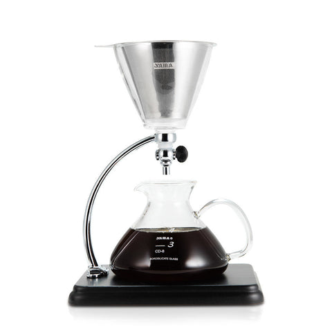 Yama Silverton coffee and tea dripper with hand-blown glass and black wood base
