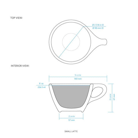 Technical drawing of a small latte cup with dimensions on a white background