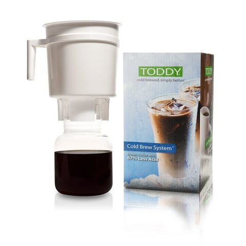 Toddy cold brew system with a box displaying the Toddy brand on a white background