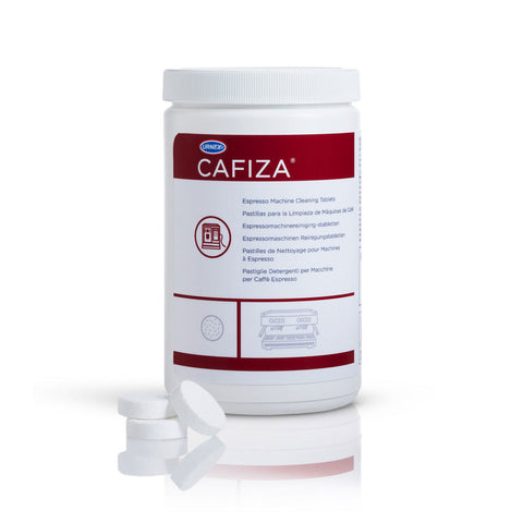 Cafiza espresso machine cleaning tablets packaging on a white background