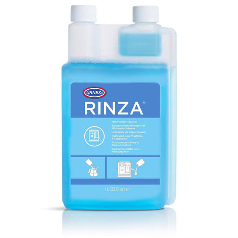 Blue bottle of Urnex Rinza on a white background