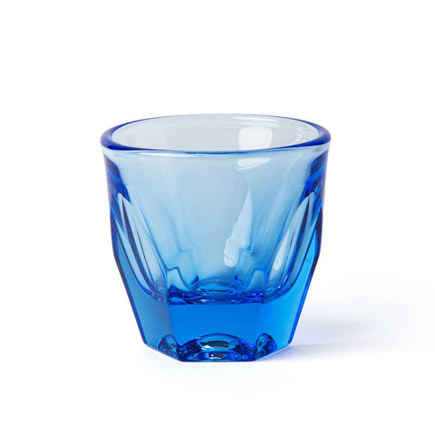Blue glass coffee cup on a white background