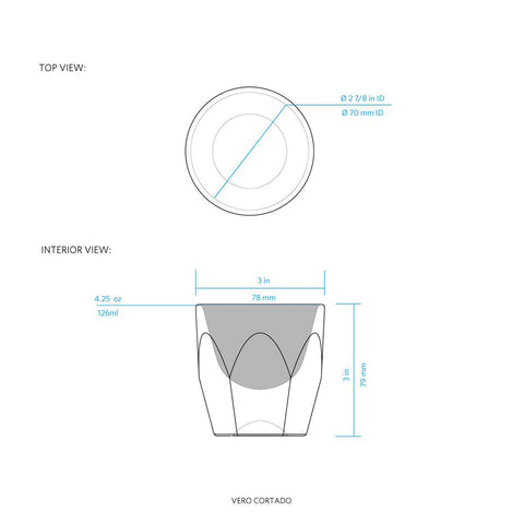 Technical drawing of a glass with dimensions labeled