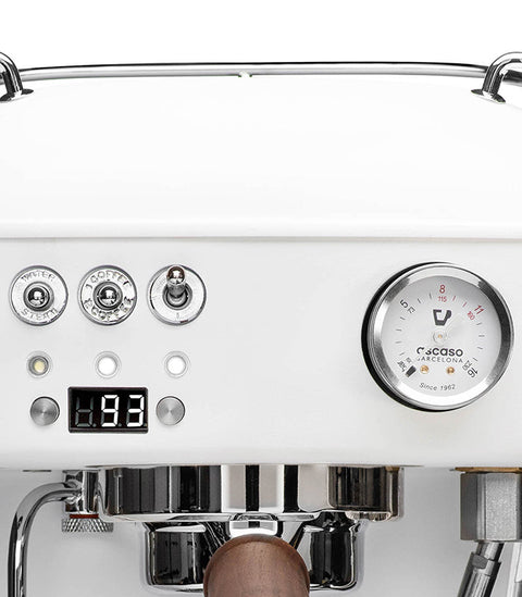 Close-up of a Ascaso Dream PID Automatic Home Espresso Machine - Cloud White with control panel and digital display.